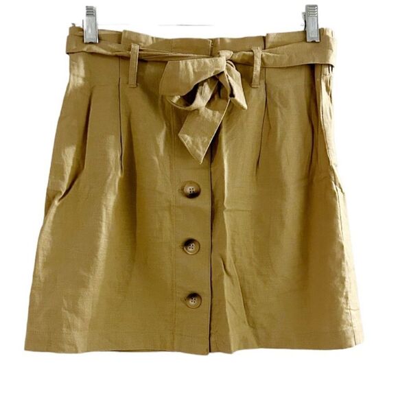 TopShop Tan Linen Blend Button Paperbag Mini Skirt Size 6 - Picture 1 of 8